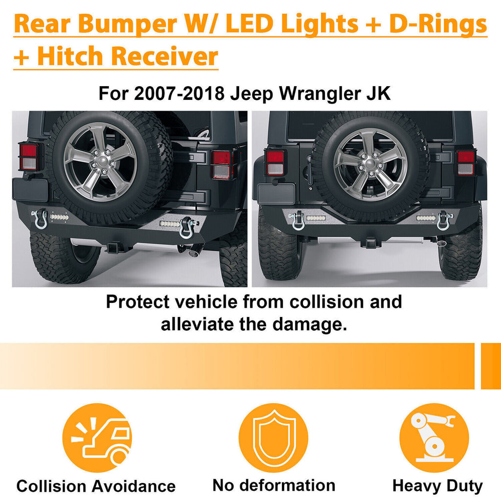 Rear Bumper with 2" Receivers and LED Lights for 2007-2018 Jeep Wrangler JK JKU Bumper