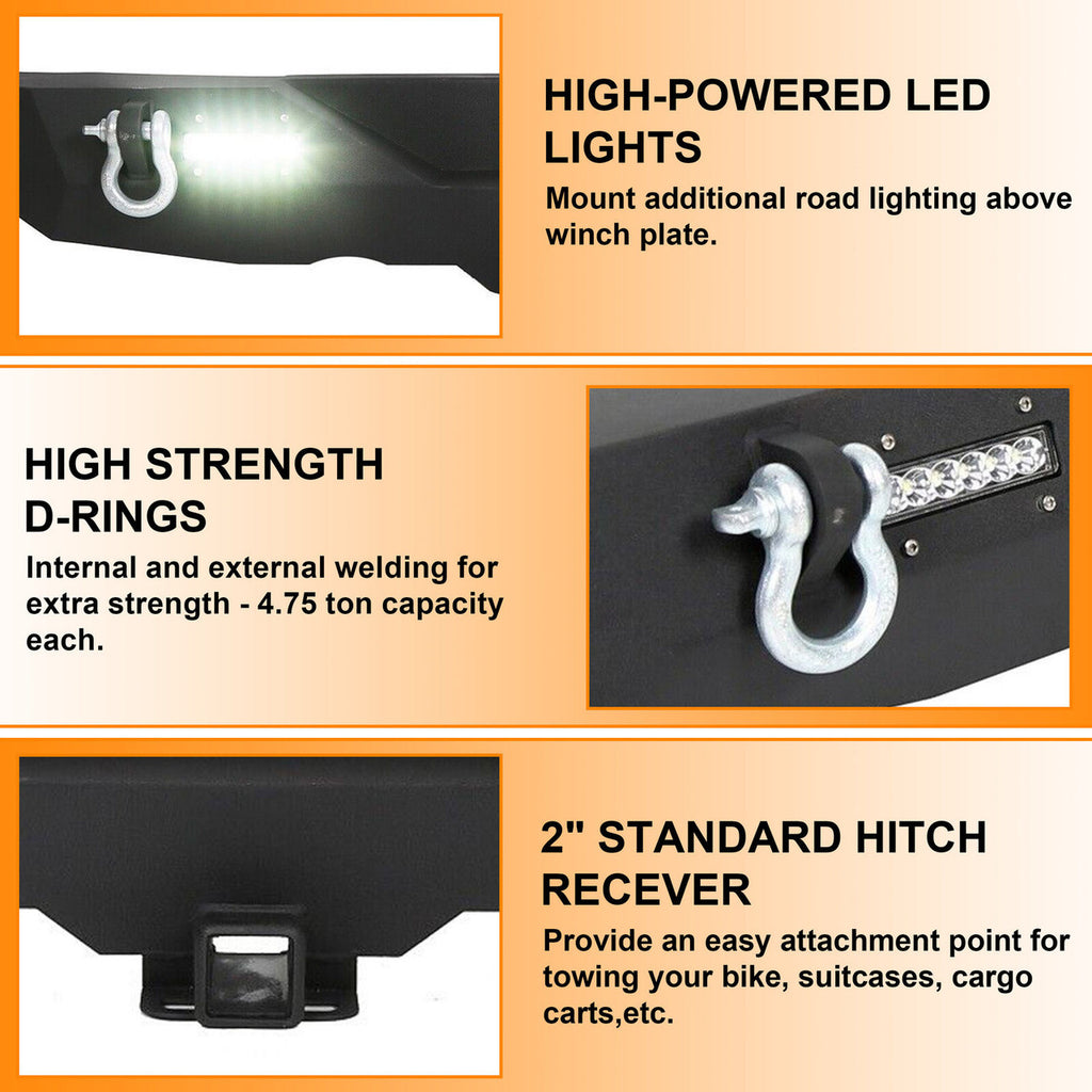 Rear Bumper with 2" Receivers and LED Lights for 2007-2018 Jeep Wrangler JK JKU Bumper