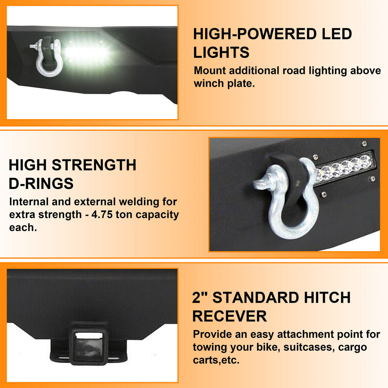 Rear Bumper with 2" Receivers and LED Lights for 2007-2018 Jeep Wrangler JK JKU Bumper