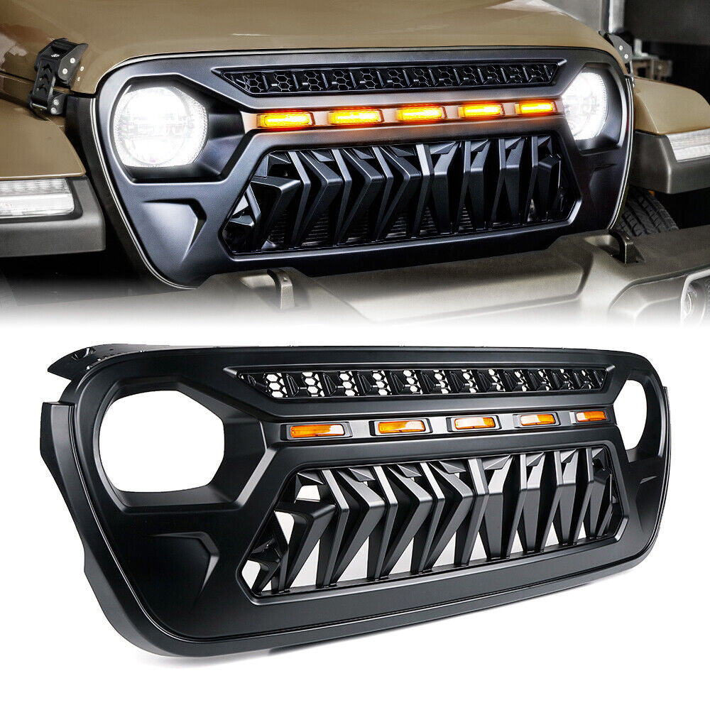 Grille with 5 LED Amber Running Lights for 2018-2023 Jeep Wrangler JL JLU Gladiator JT Grille