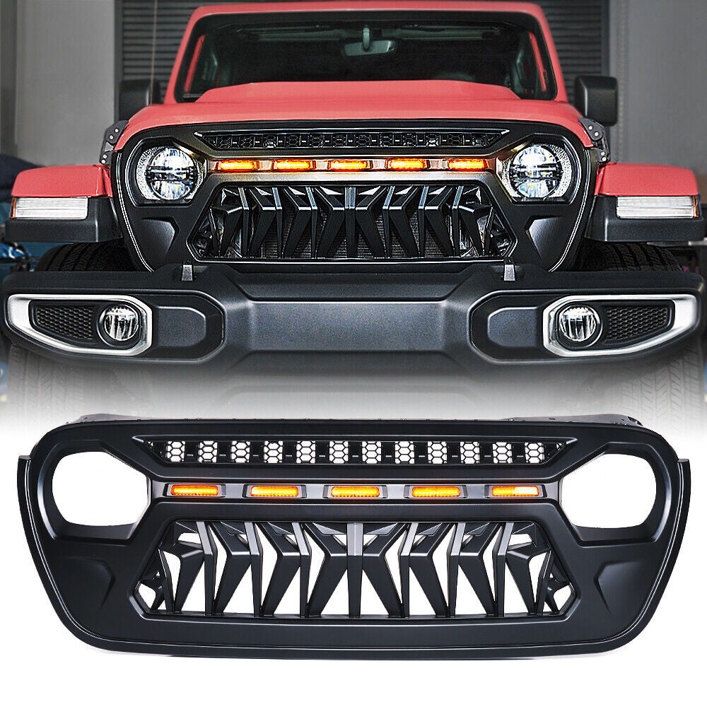 Grille with 5 LED Amber Running Lights for 2018-2023 Jeep Wrangler JL JLU Gladiator JT Grille