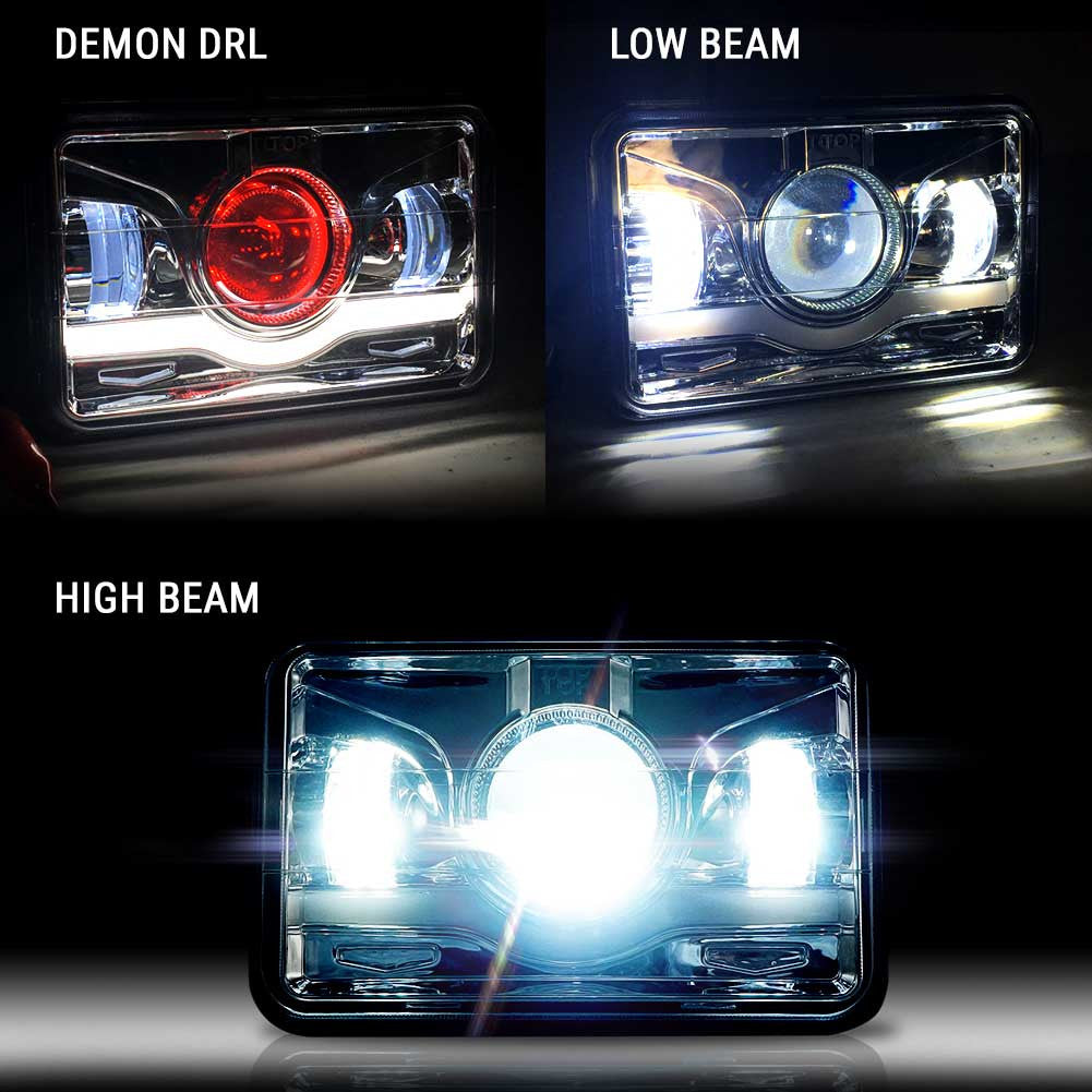 4x6 LED Projector Demon DRL Eyes Headlights Chrome Set Lighting