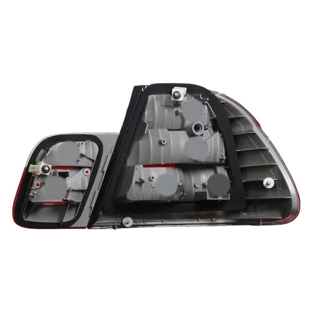 Back of E46 Euro red/clear tail lights showing bulb sockets and mounting studs