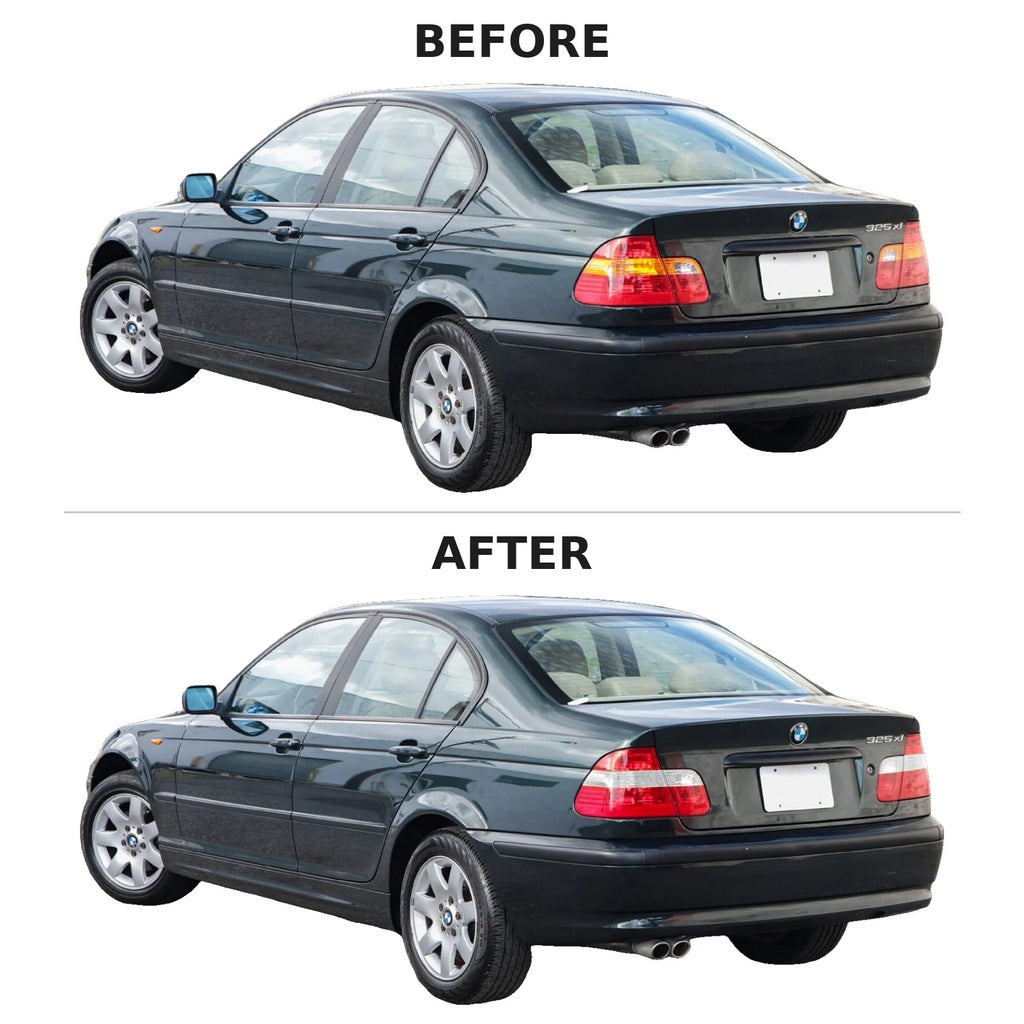 Before and after: factory amber tail lights vs Euro red/clear tail lights on a 2002-2005 BMW E46 sedan