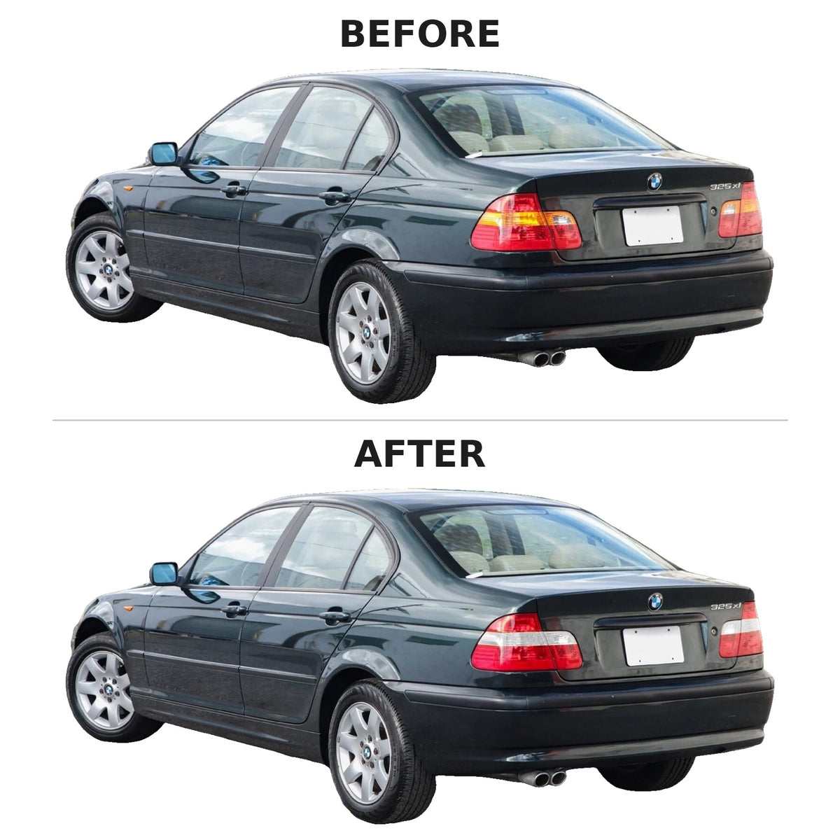 Before and after: factory amber tail lights vs Euro red/clear tail lights on a 2002-2005 BMW E46 sedan