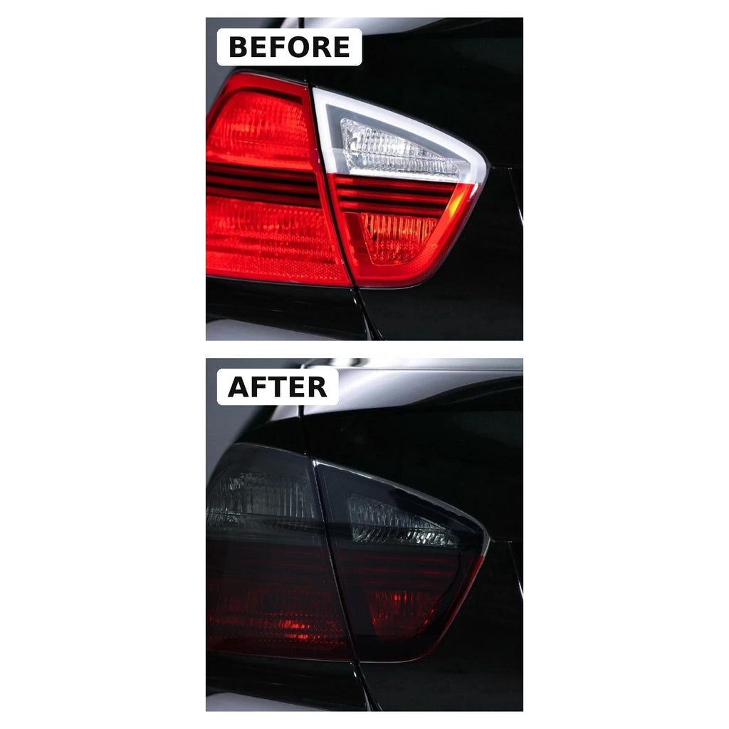 BMW E90 sedan before and after: factory red tail lights vs Euro red smoke tail lights installed
