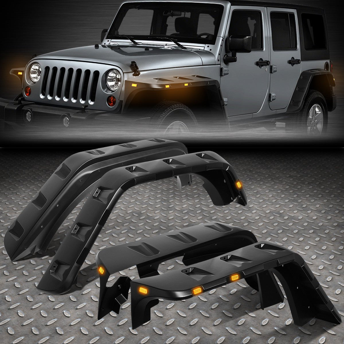 Fender Flare Set w/ Amber LED Pods For Jeep Wrangler JK JKU 2007 - 2018 - GENSSI Lighting