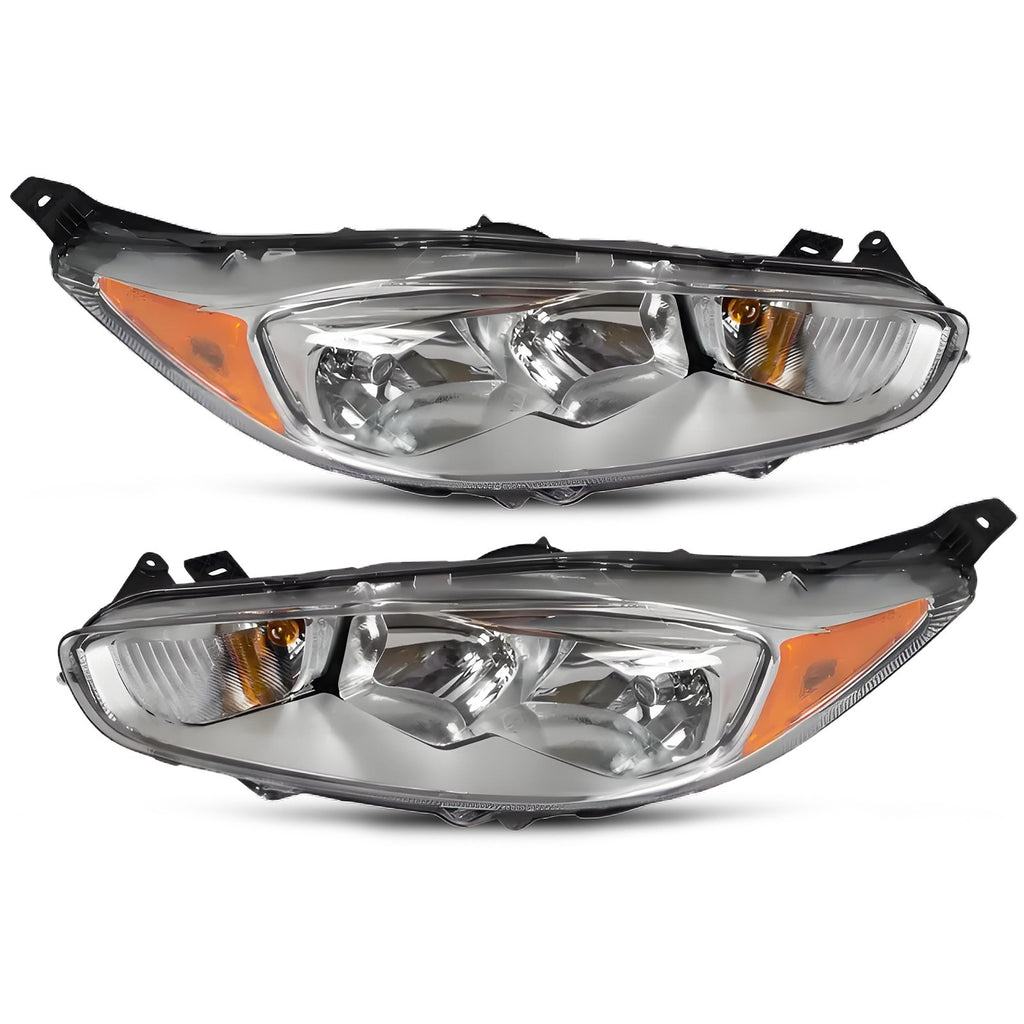 Chrome Bezel Halogen Headlights Pair w/ Bulbs for Ford Fiesta (2014-2018)