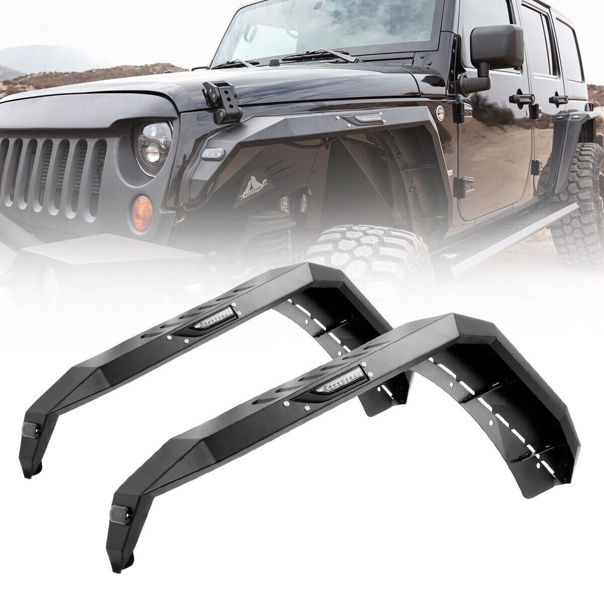 Front And Rear Fender Flares with LED Lights Black Steel for (2007 - 2018) Jeep Wrangler JK JKU - GENSSI Exterior Part