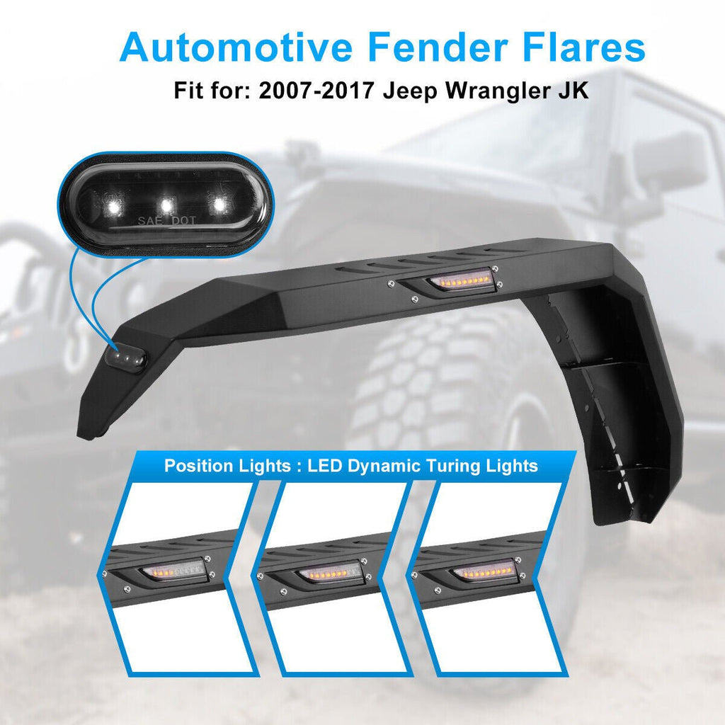 Front And Rear Fender Flares with LED Lights Black Steel for (2007 - 2018) Jeep Wrangler JK JKU - GENSSI Exterior Part
