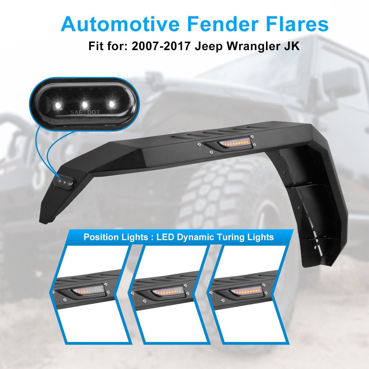 Front And Rear Fender Flares with LED Lights Black Steel for (2007 - 2018) Jeep Wrangler JK JKU - GENSSI Exterior Part