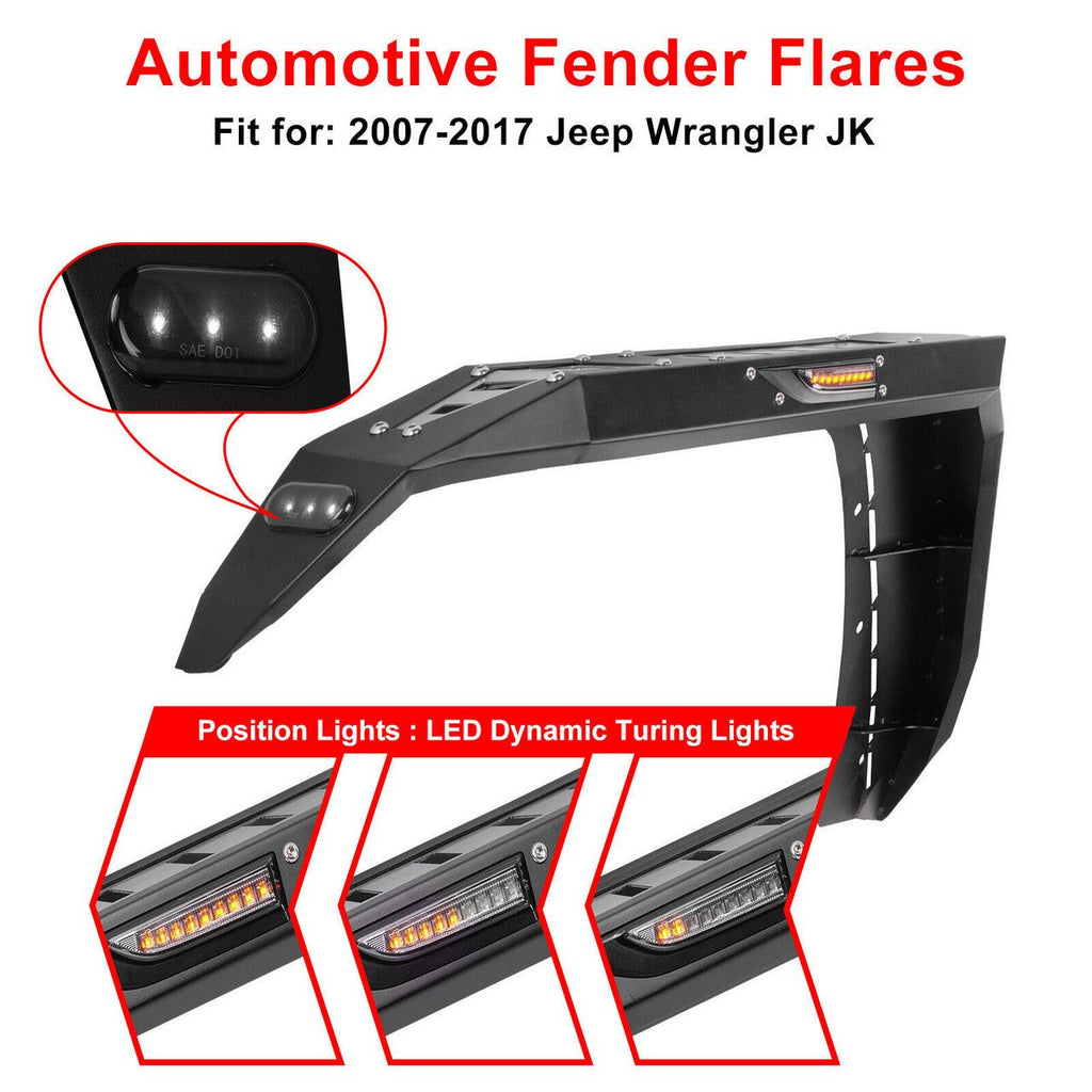 Front And Rear Fender Flares with LED Lights Chrome Steel for (2007 - 2018) Jeep Wrangler JK JKU - GENSSI Exterior Part