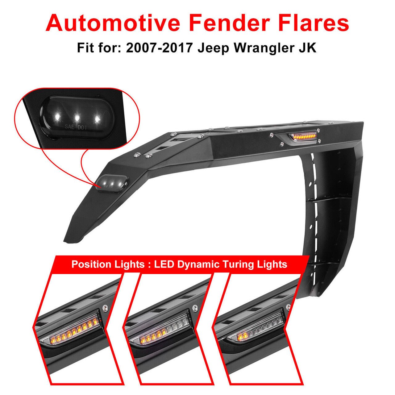 Front And Rear Fender Flares with LED Lights Chrome Steel for (2007 - 2018) Jeep Wrangler JK JKU - GENSSI Exterior Part