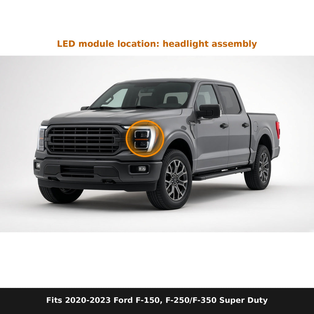Fits 2020-2023 Ford F-150, F-250, F-350 Super Duty, LED module location in headlight