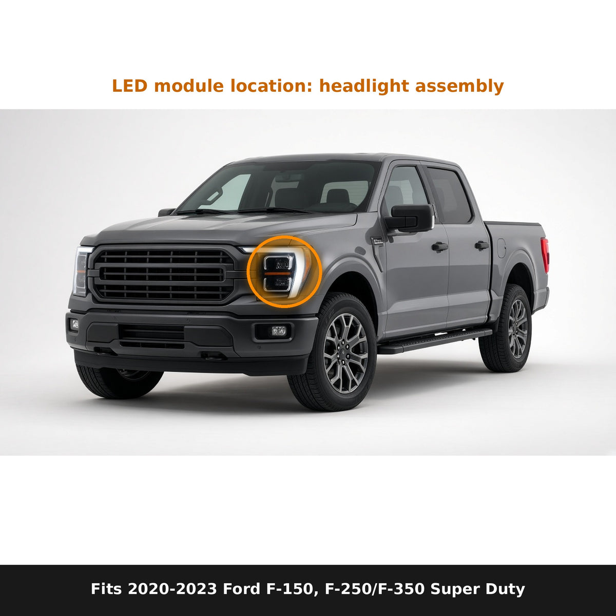 Fits 2020-2023 Ford F-150, F-250, F-350 Super Duty, LED module location in headlight
