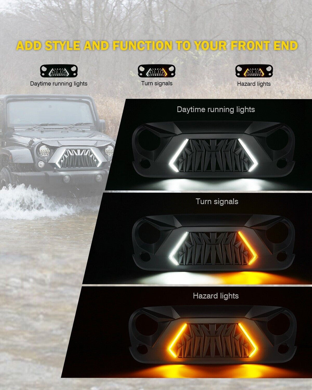 Shark Grille With LED Turn Signal Hazard DRL Lights 2007-2018 Wrangler JK JKU Grille