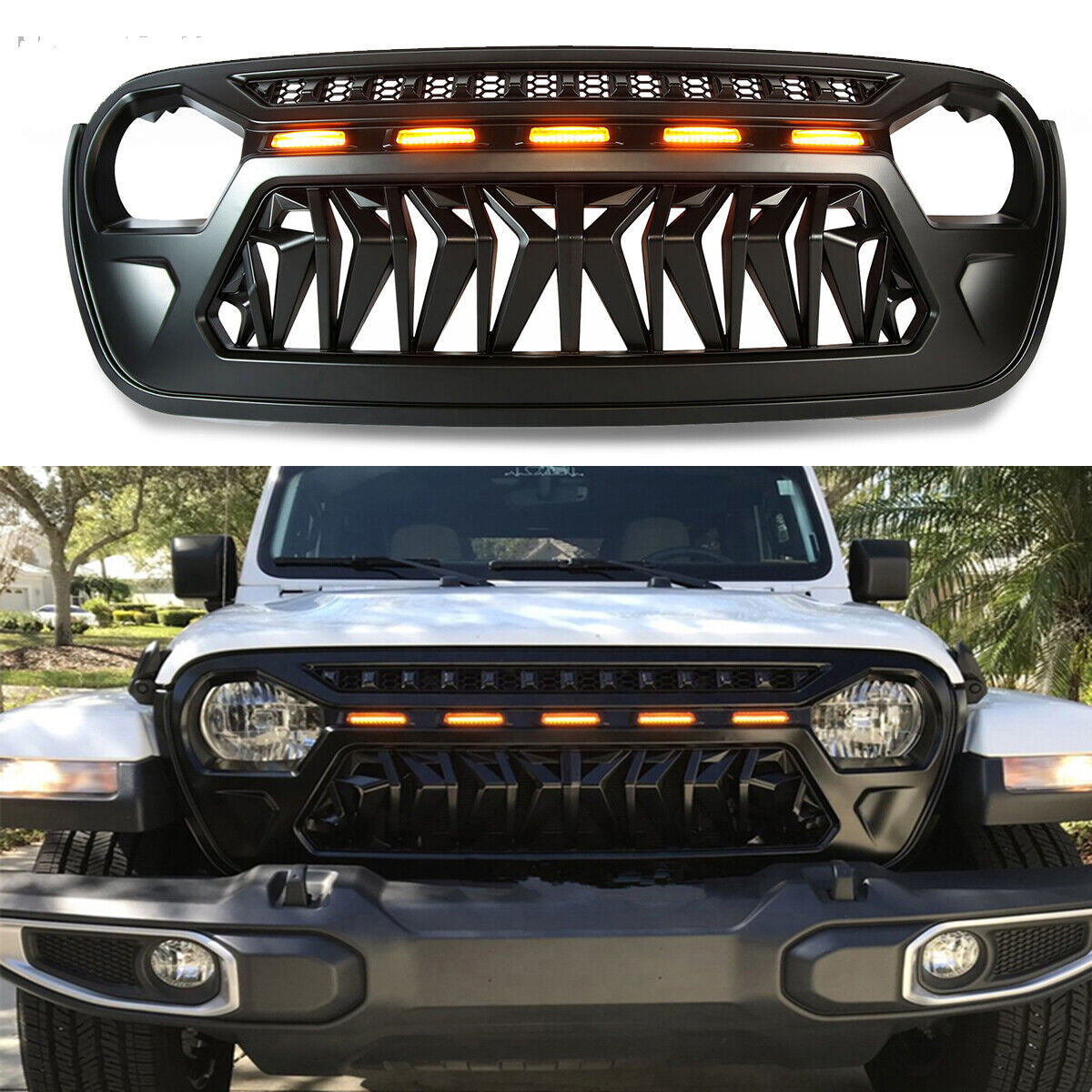 Front Grille For 2018-2023 Jeep Wrangler JL Gladiator JT W/LED Amber Light Black Grille