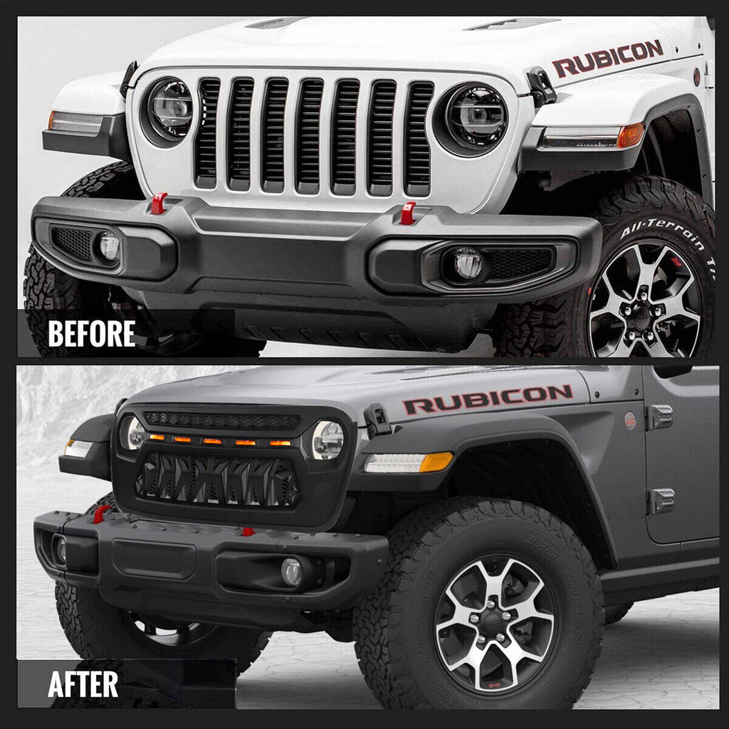 Front Grille For 2018-2023 Jeep Wrangler JL Gladiator JT W/LED Amber Light Black Grille