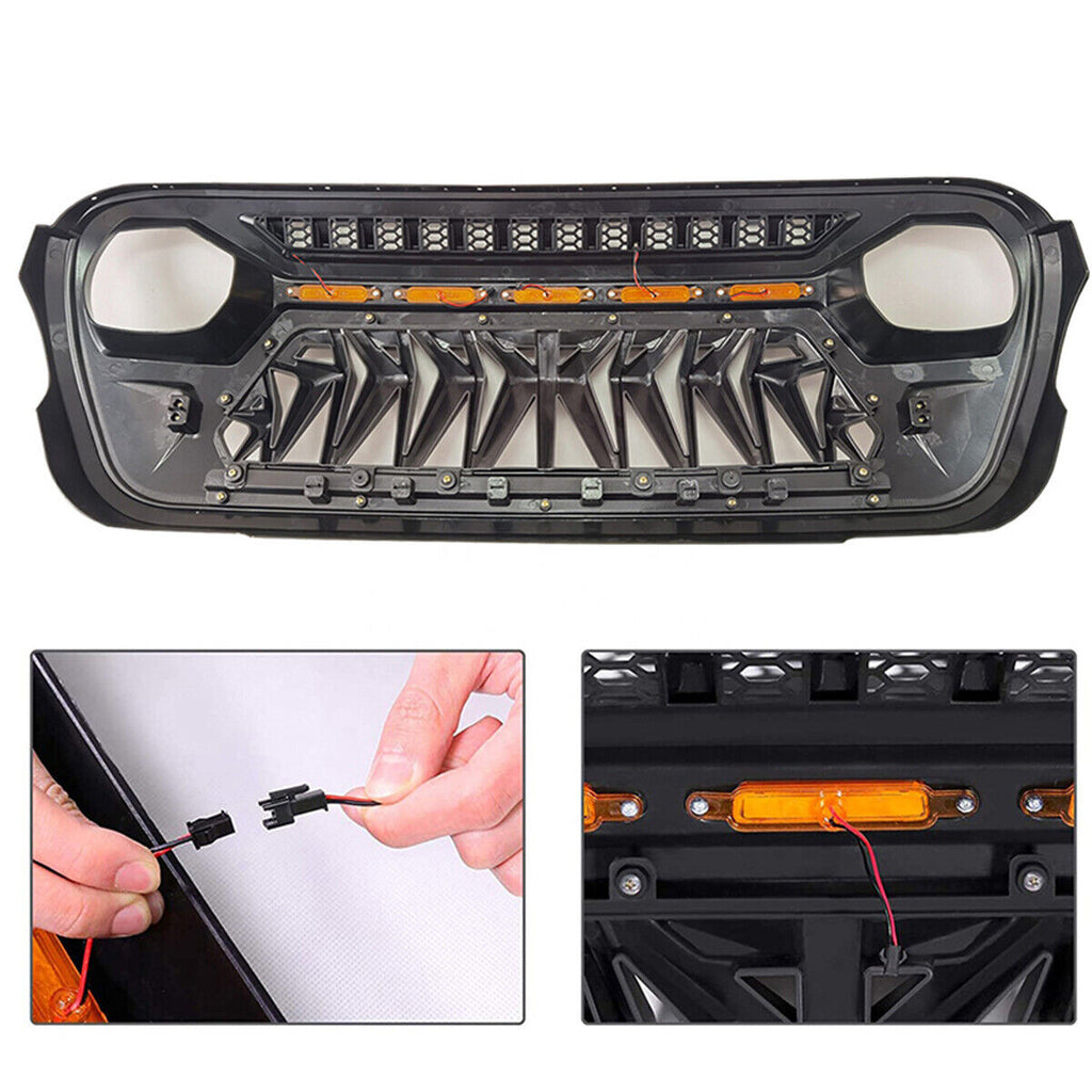 Front Grille For 2018-2023 Jeep Wrangler JL Gladiator JT W/LED Amber Light Black Grille