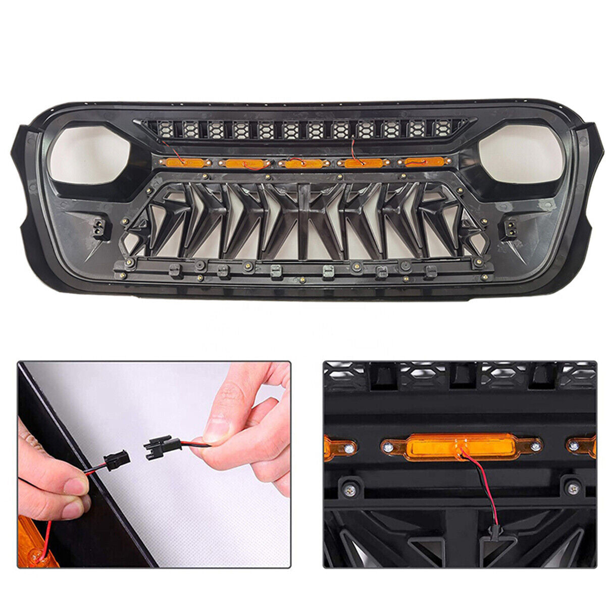 Front Grille For 2018-2023 Jeep Wrangler JL Gladiator JT W/LED Amber Light Black Grille