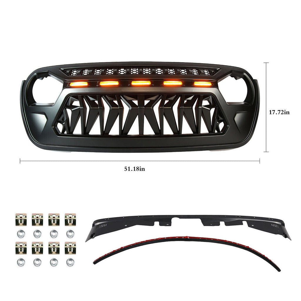 Front Grille For 2018-2023 Jeep Wrangler JL Gladiator JT W/LED Amber Light Black Grille