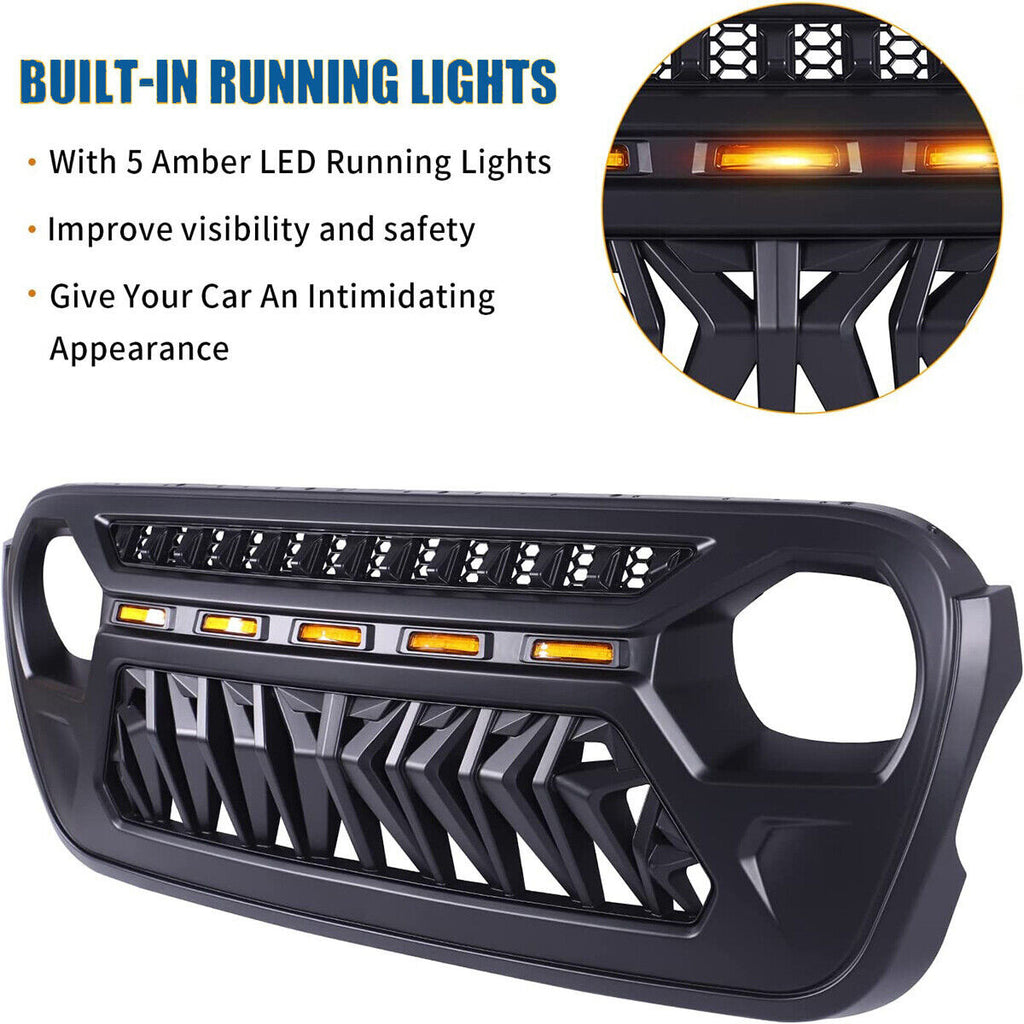 Front Grille For 2018-2023 Jeep Wrangler JL Gladiator JT W/LED Amber Light Black Grille