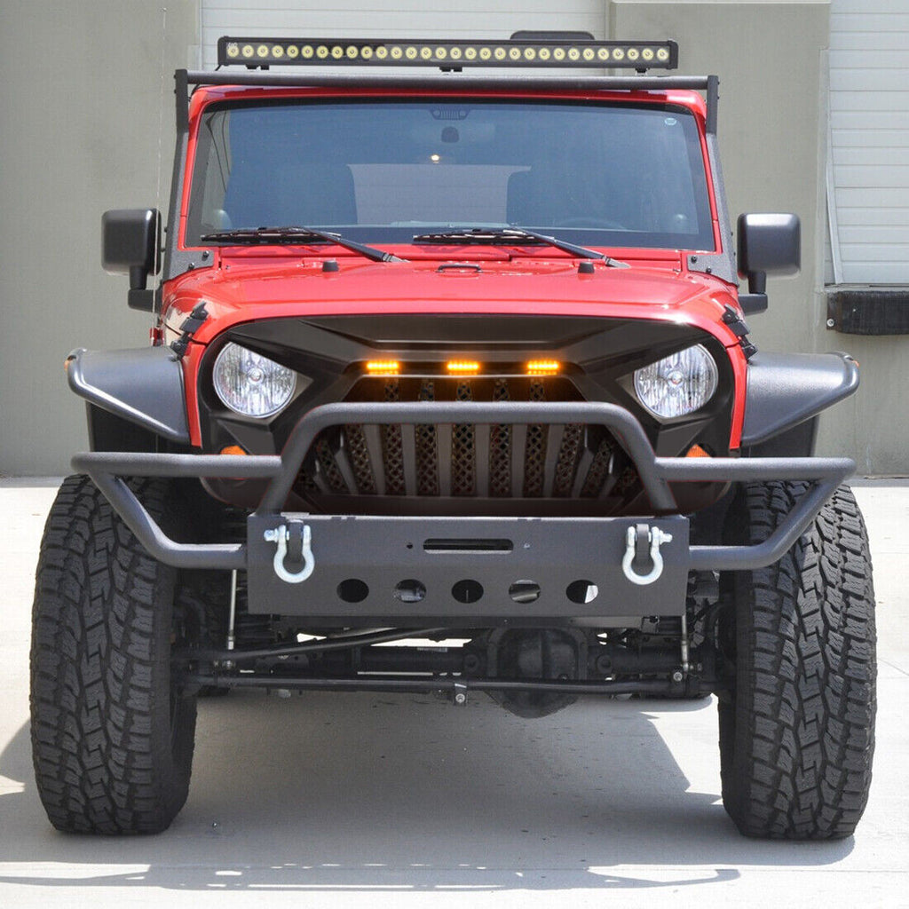Matte Black Goliath Grille with Amber LED Lights for 2007-2018 Jeep Wrangler JK JKU Grille