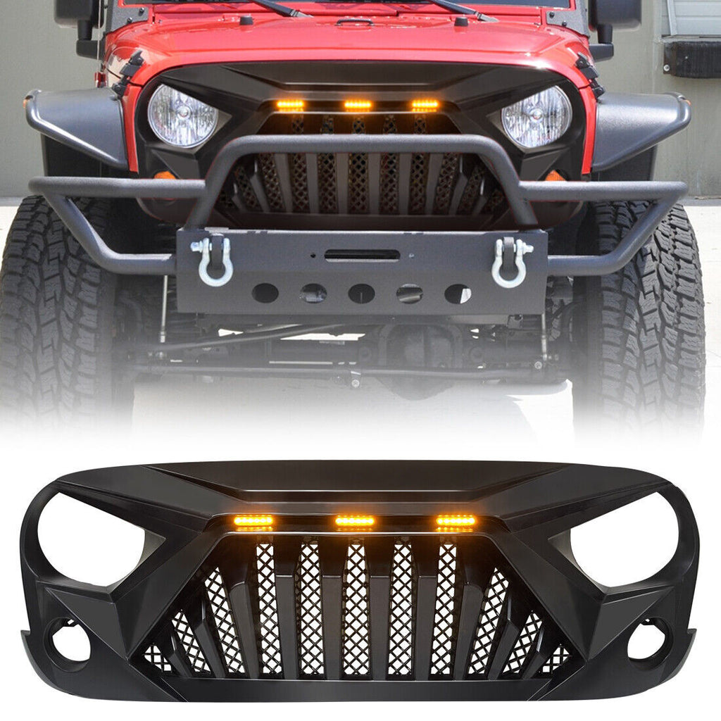 Matte Black Goliath Grille with Amber LED Lights for 2007-2018 Jeep Wrangler JK JKU Grille