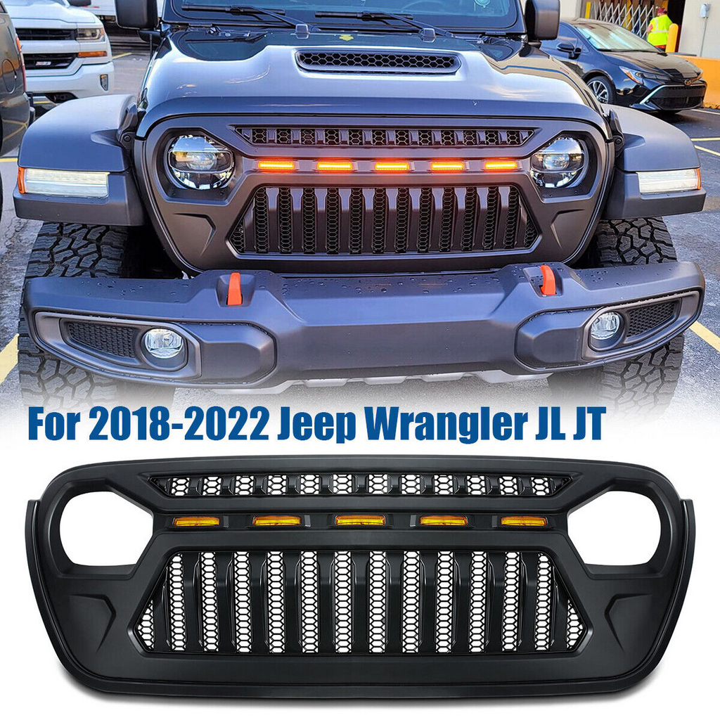 Front Grille w/ LED Running Light For Jeep Wrangler JL JT (2018-2023) Matte Black Grille