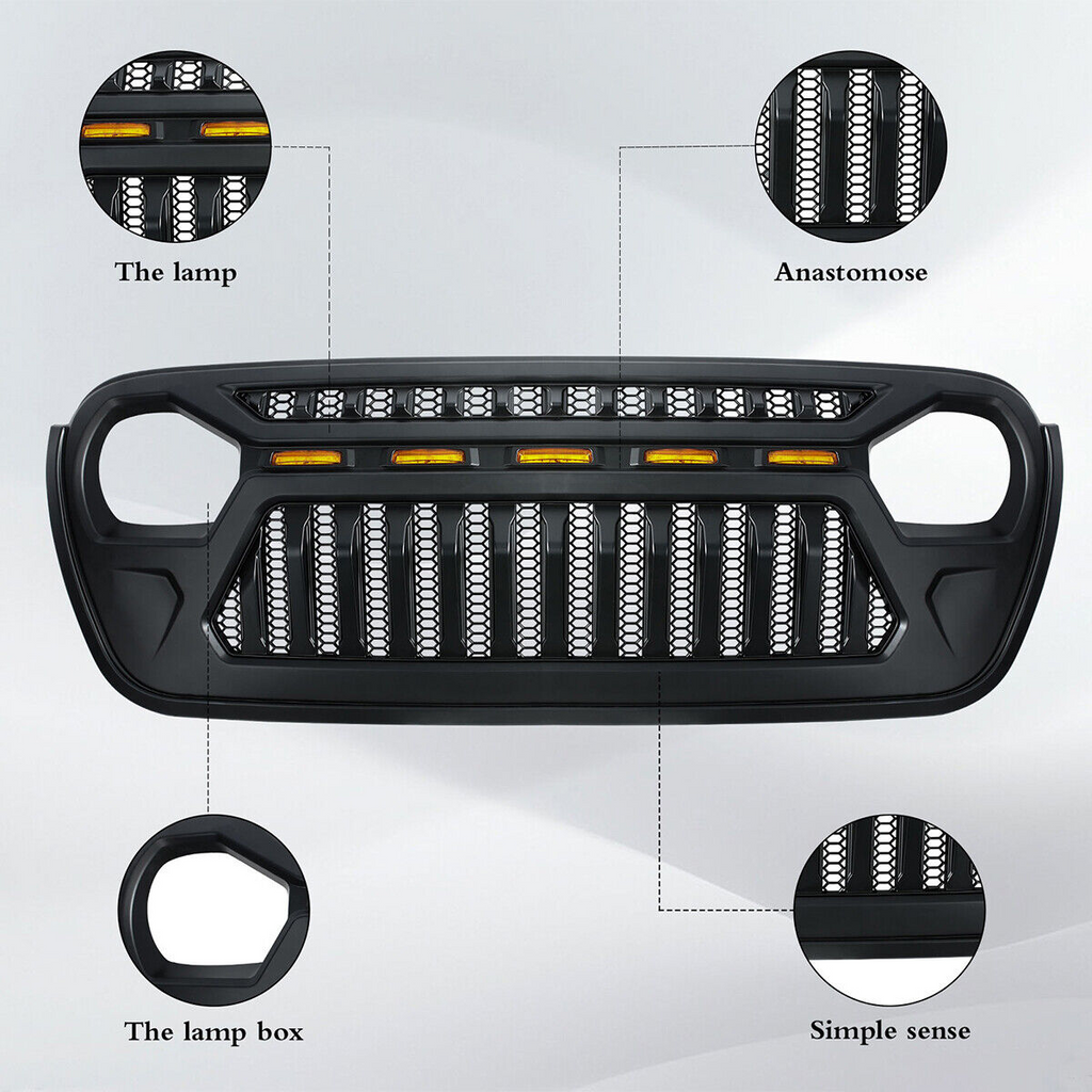Front Grille w/ LED Running Light For Jeep Wrangler JL JT (2018-2023) Matte Black Grille