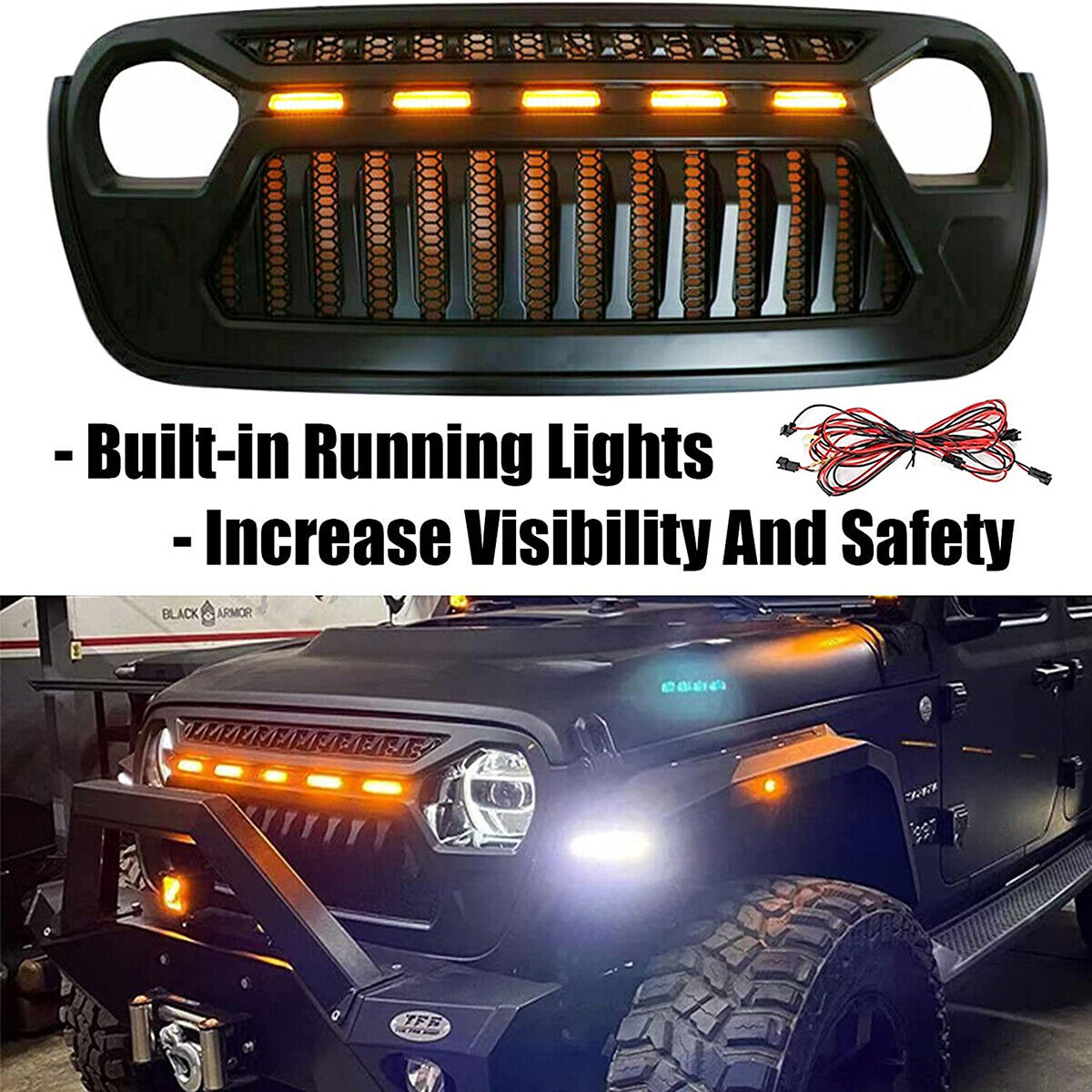 Front Grille w/ LED Running Light For Jeep Wrangler JL JT (2018-2023) Matte Black Grille