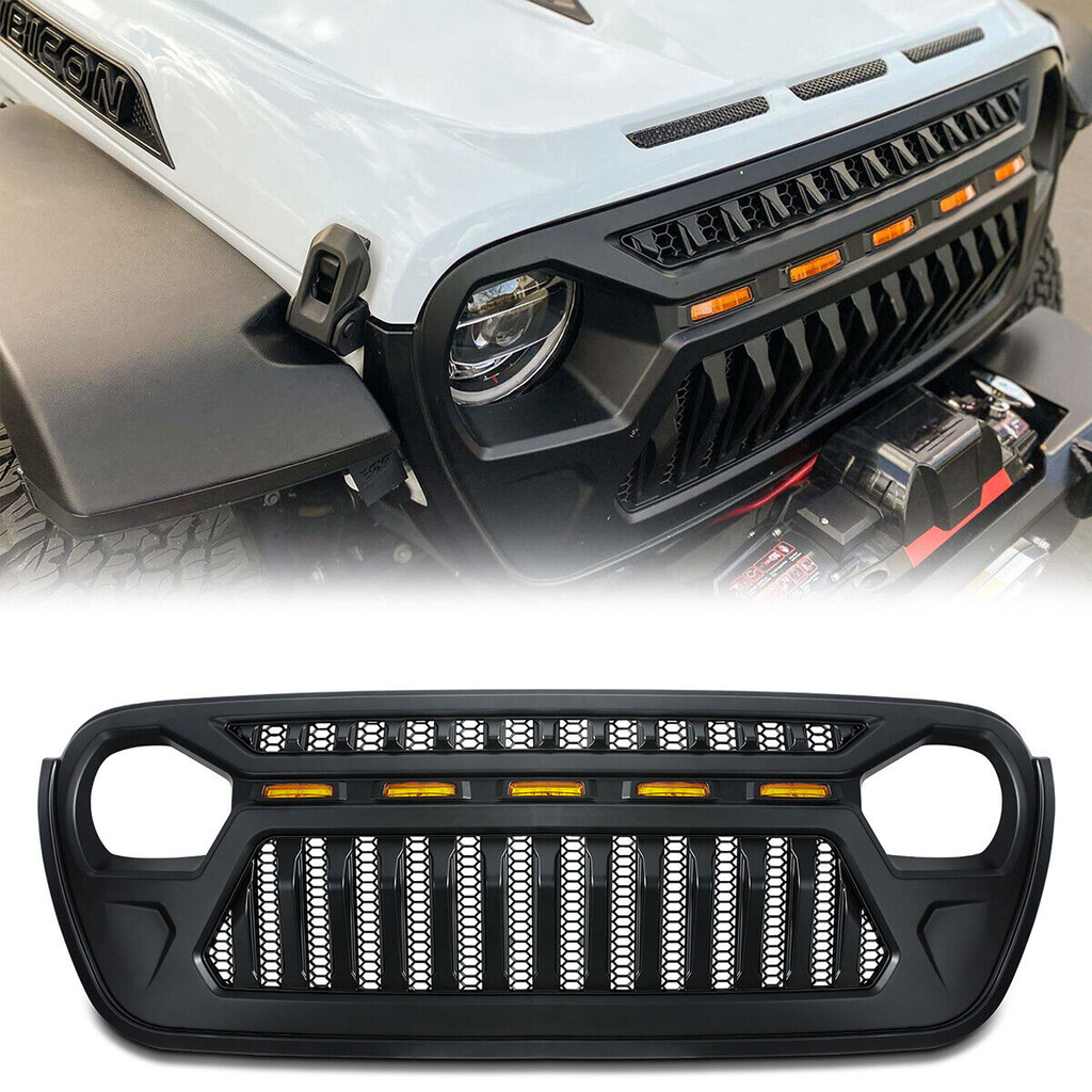 Front Grille w/ LED Running Light For Jeep Wrangler JL JT (2018-2023) Matte Black Grille