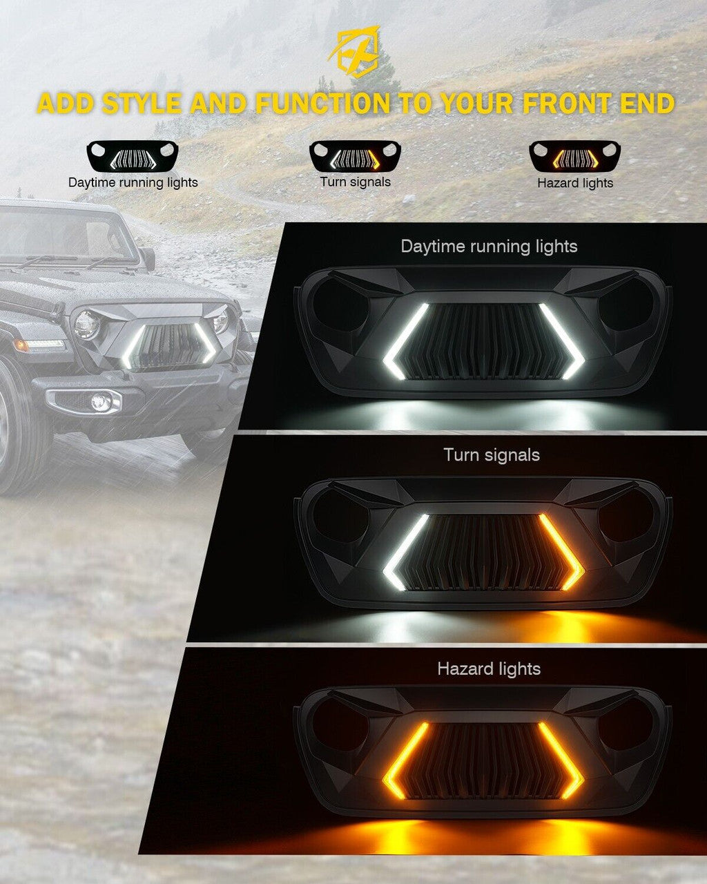 Matte Black Guardian Grille LED Lights for 2018-2023 Jeep Wrangler JL JLU Grille