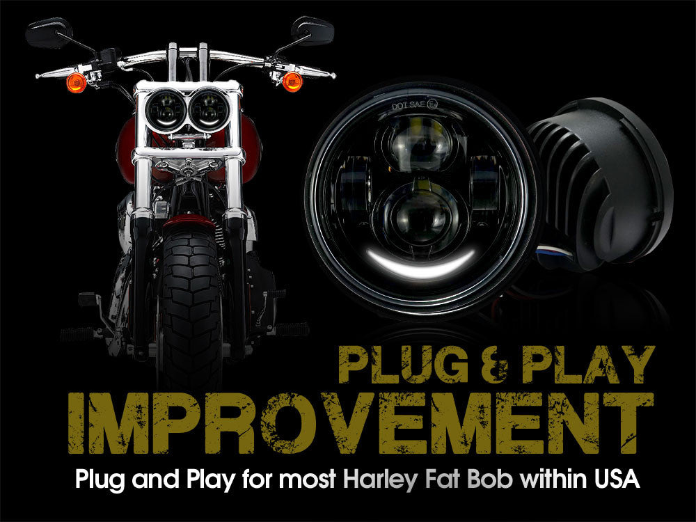 4.65 In LED Black Projector Headlight Harley Davidson Dyna Fat Bob FXDF 2008-2016 Black (2 Pack) Lighting