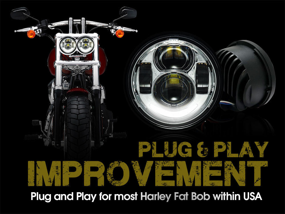 4.65 In LED Chrome Projector Headlight Harley Davidson Dyna Fat Bob FXDF 2008-2016 Black (2 Pack) Lighting