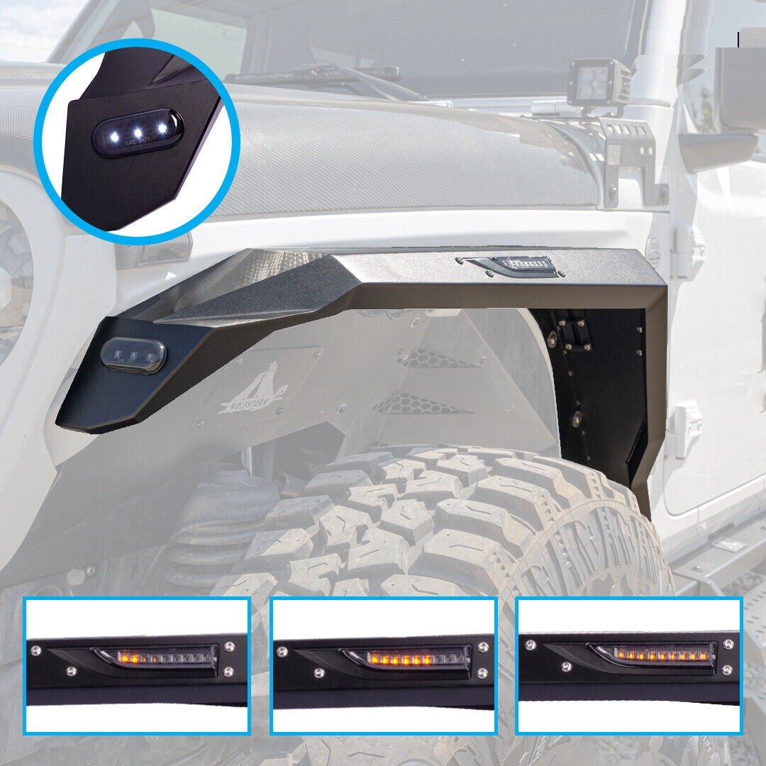 Front Fender Flares with LED Lights for 2018 - 2023 Jeep Wrangler JL JLU Steel Powder Coated - GENSSI Exterior Part