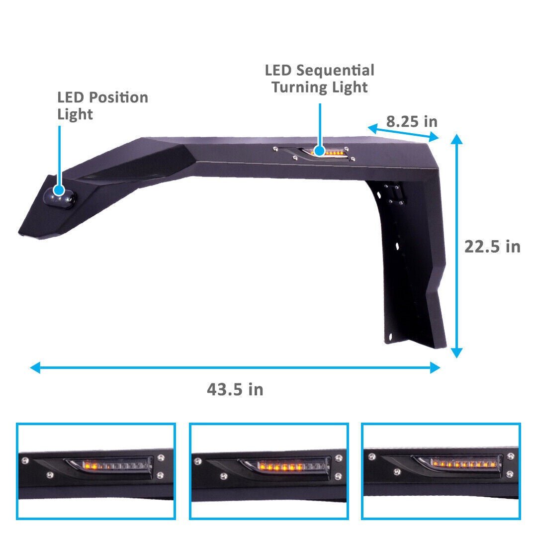 Front Fender Flares with LED Lights for 2018 - 2023 Jeep Wrangler JL JLU Steel Powder Coated - GENSSI Exterior Part