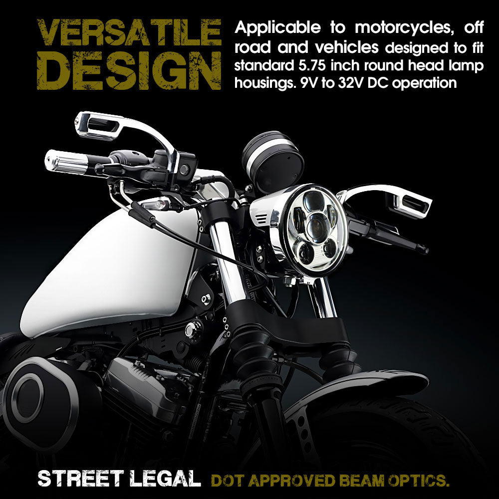 5.75 (5 3/4) In LED Projector Motorcycle Headlight Round DOT V2 Chrome Lighting