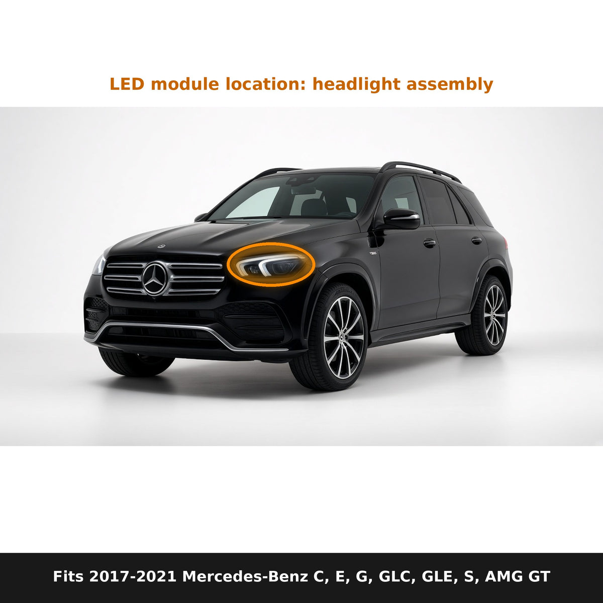 Fits 2017-2021 Mercedes-Benz C, E, G, GLC, GLE, S, AMG GT, LED module location in headlight
