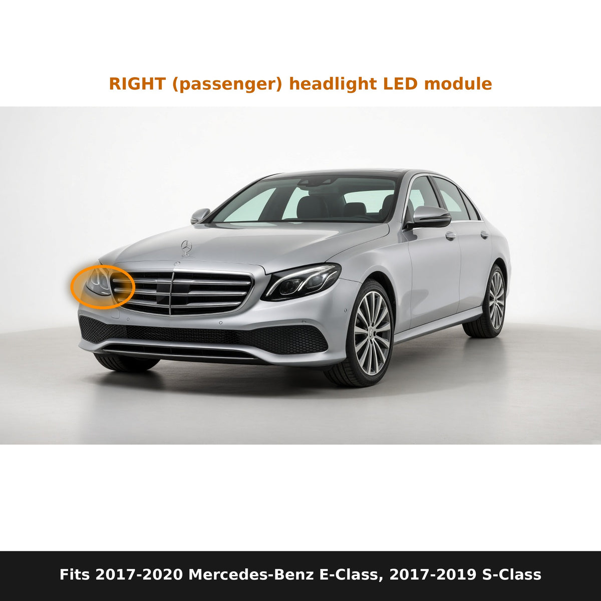 Fits 2017-2020 Mercedes-Benz E-Class, 2017-2019 S-Class, right headlight module location