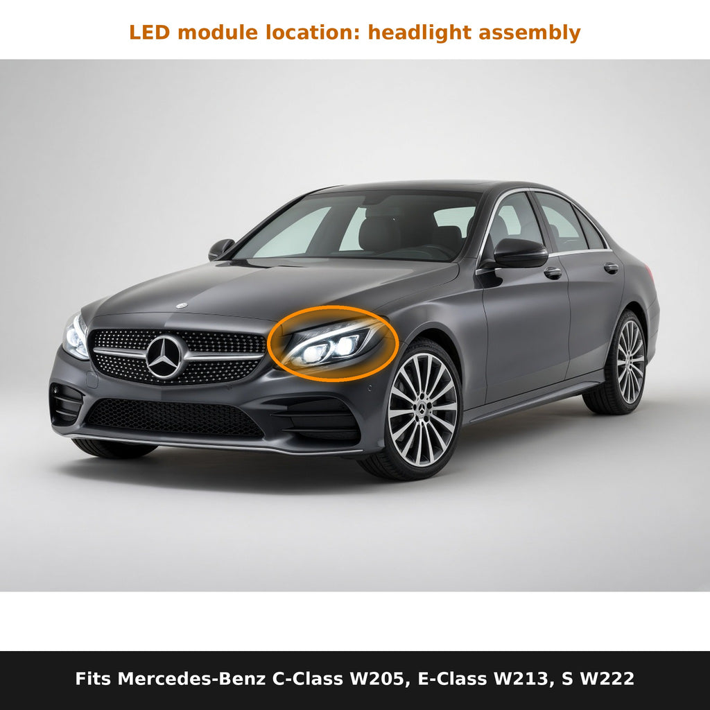 Fits Mercedes-Benz C-Class W205, E-Class W213, S-Class W222, LED module location in headlight