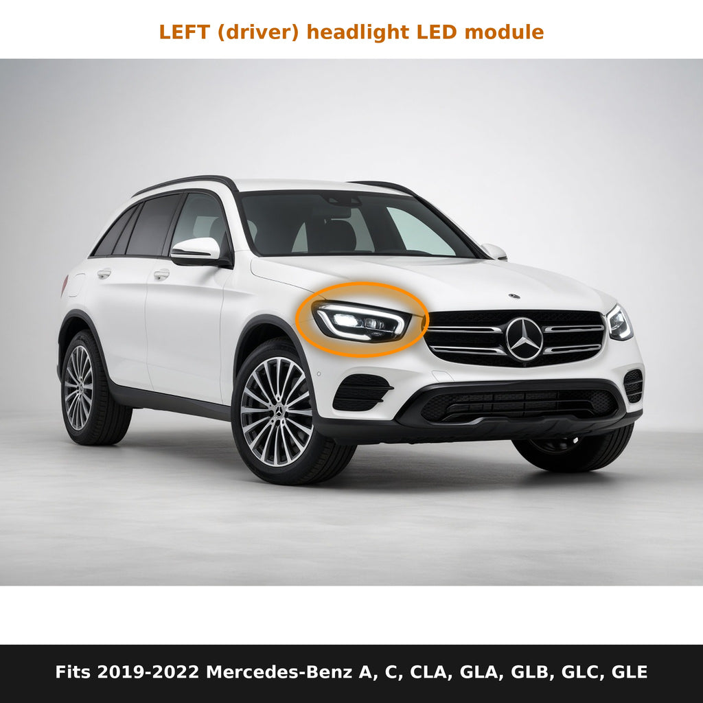 Fits 2019-2022 Mercedes-Benz A, C, CLA, GLA, GLB, GLC, GLE, left headlight module location