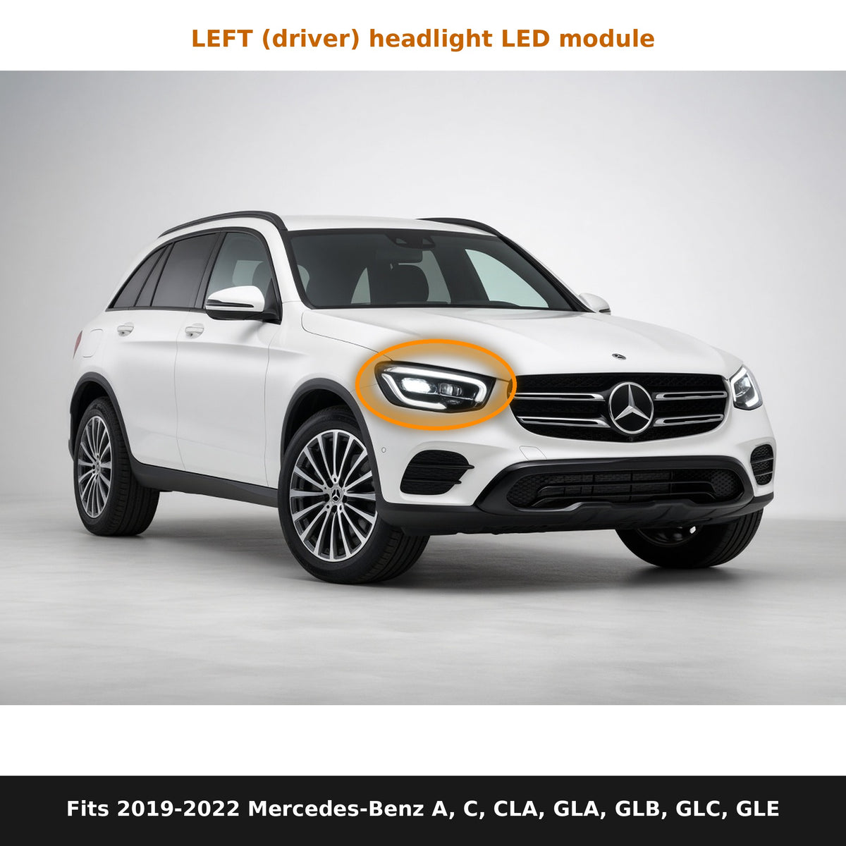 Fits 2019-2022 Mercedes-Benz A, C, CLA, GLA, GLB, GLC, GLE, left headlight module location