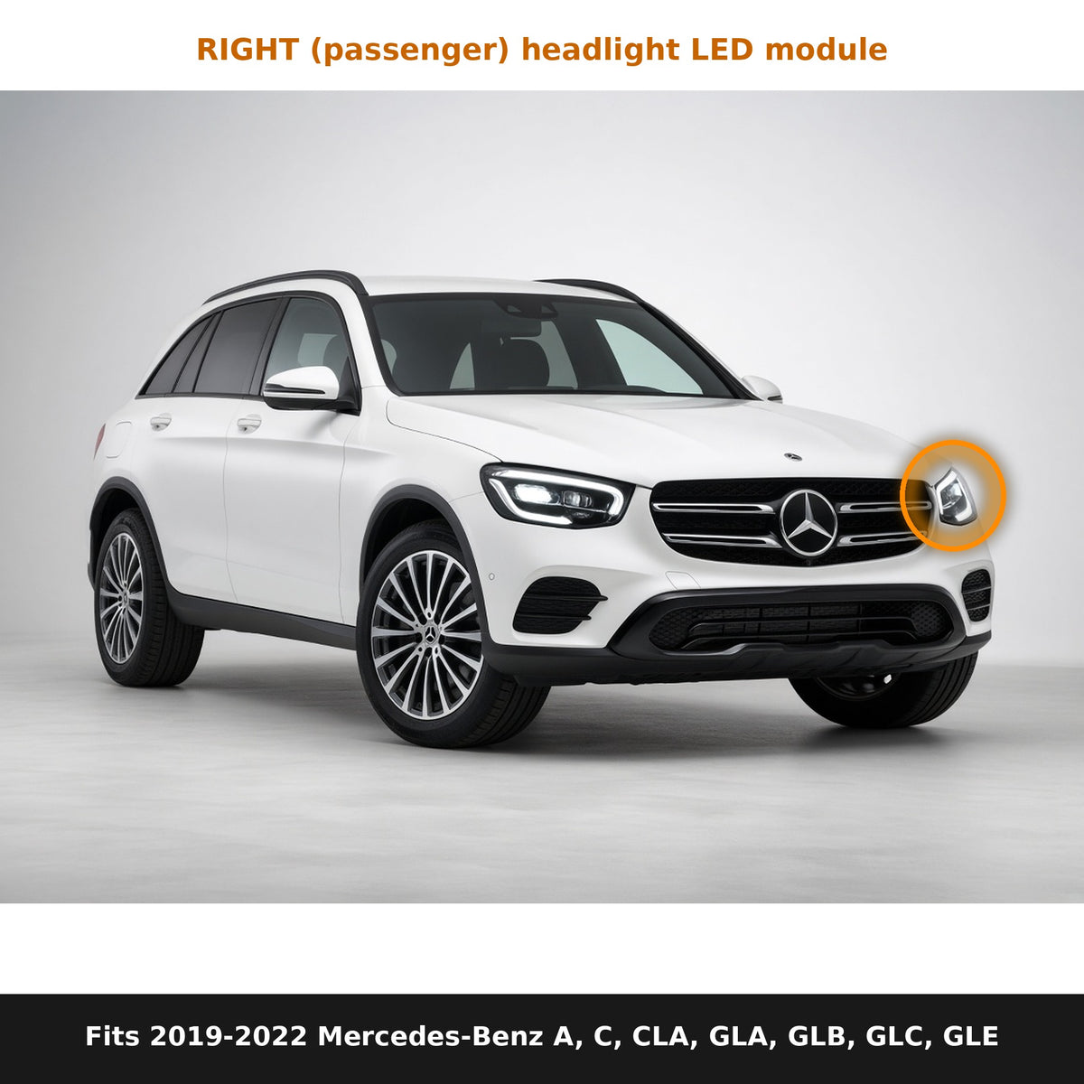 Fits 2019-2022 Mercedes-Benz A, C, CLA, GLA, GLB, GLC, GLE, right headlight module location
