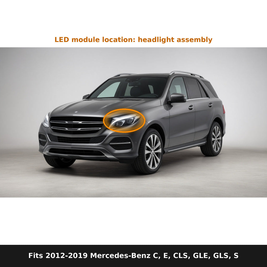 Fits 2012-2019 Mercedes-Benz C, E, CLS, GLE, GLS and S-Class, LED module location in headlight