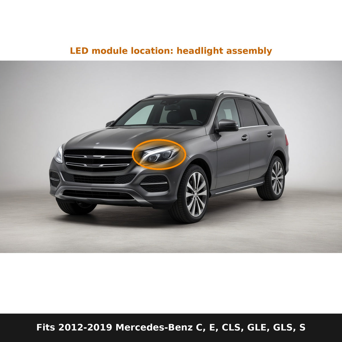 Fits 2012-2019 Mercedes-Benz C, E, CLS, GLE, GLS and S-Class, LED module location in headlight