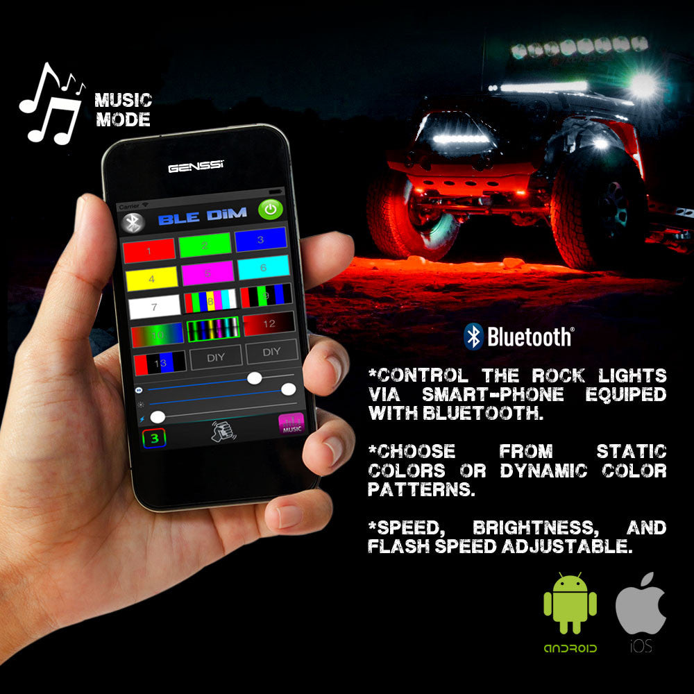 LED Under Body Rock Lights Color with Bluetooth Controller 4x Lighting