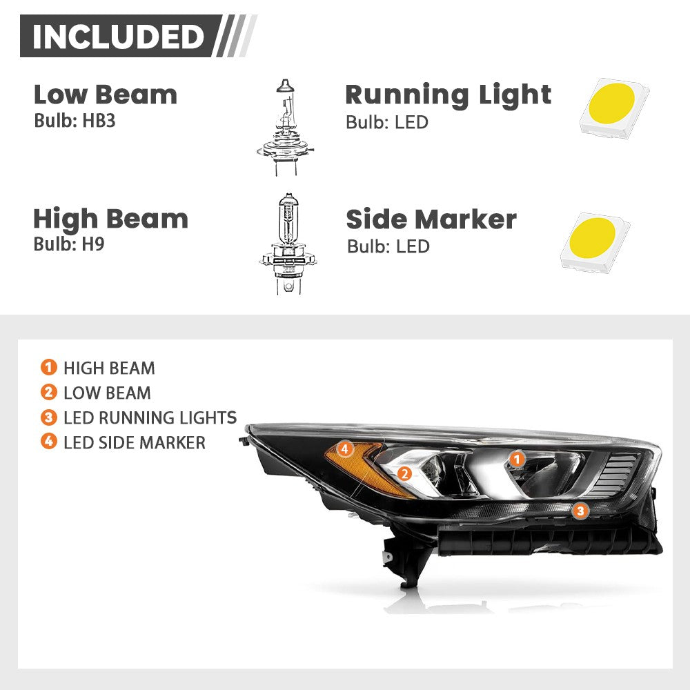 Headlight bulb size diagram for 2017-2019 Ford Escape Black Halogen headlights