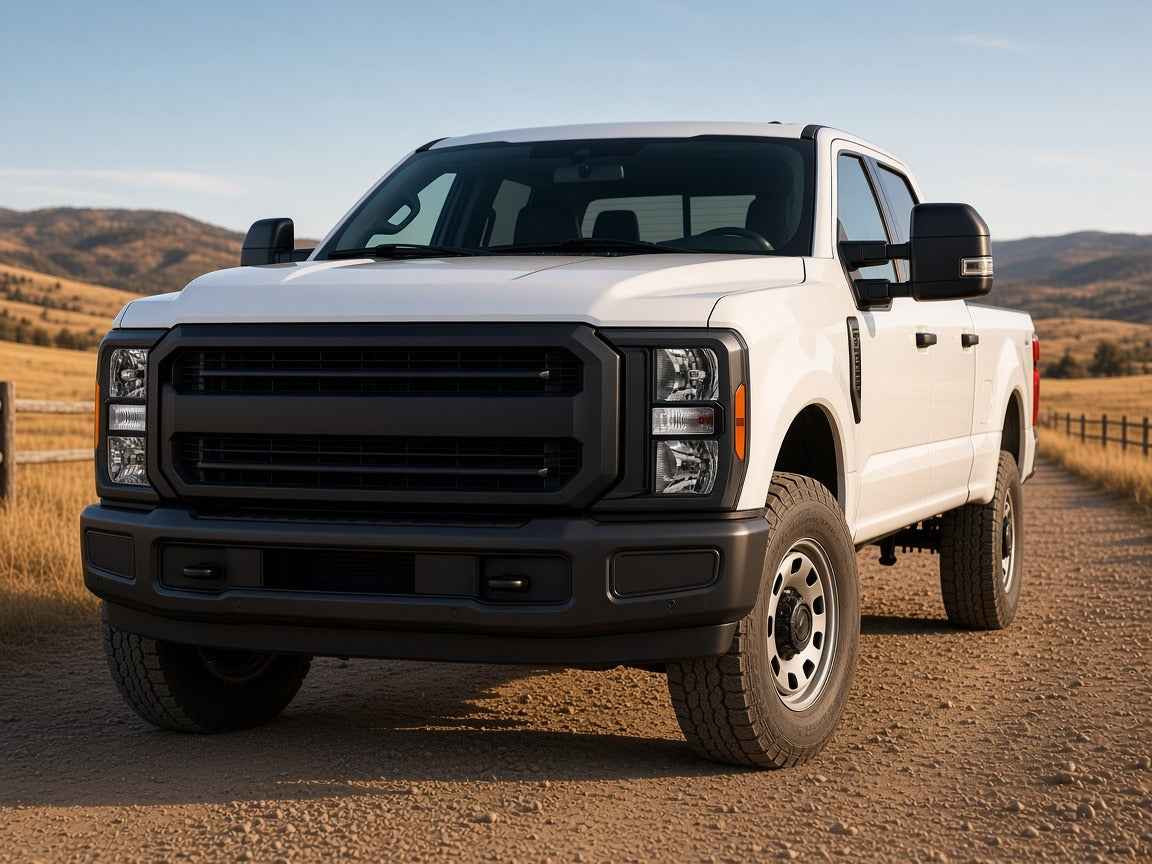 2023-2026 Ford Super Duty with black halogen headlights installed