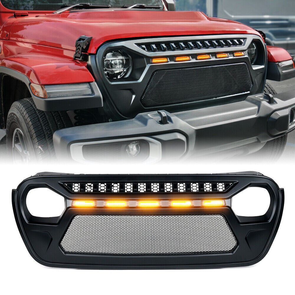 Matte Black Mesh Grille 5 LED Amber Lights for 2018-2023 Jeep Wrangler JL JLU Grille
